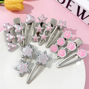 Pinces à Cheveux Douces Forme de Cœur Étoile Patte de Chat Alliage Argent Émail Bec de Canard Strass Épingles à Cheveux pour Filles Femmes Accessoires
