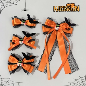 Barrette Cheveux Nœud Papillon Dentelle Noire Halloween Citrouille Chauve-souris Style Lolita Gothique Ruban Orange Accessoire Femme