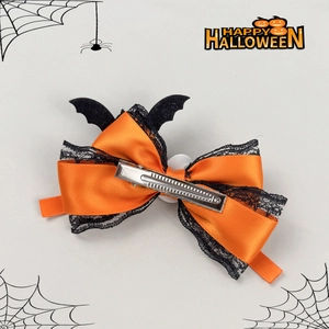 Pince à cheveux Halloween avec ailes de chauve-souris, ruban satin orange et dentelle noire