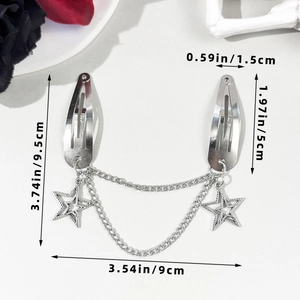 Vue détaillée des pinces à cheveux étoiles argentées avec dimensions en cm et pouces