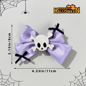 Detailed Halloween purple bow hair clip with white glitter skull and black accents