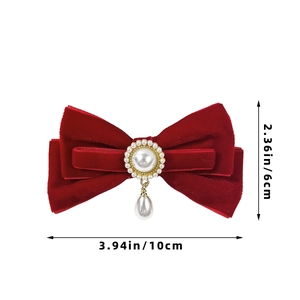 Elegant red velvet bow hair clip with faux pearl pendant and gold-tone finish, 10x6cm size