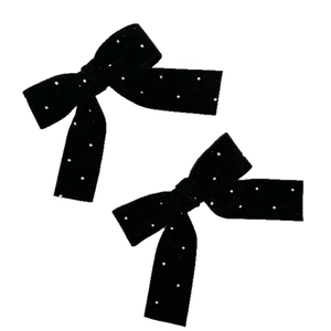 Pair of black velvet bow hair clips with sparkling rhinestones and long elegant ribbons