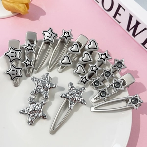 Y2K Cool Style Alloy Rhinestone Heart Star Hair Clip Set Vintage Silver Liquid Metal Side Fringe Clip For Women Girls Jewelry