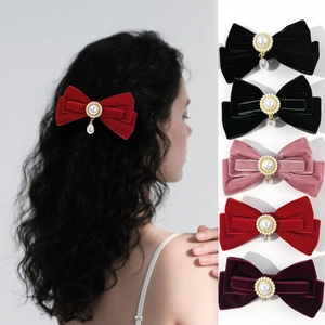 French Vintage Velvet Bow Hair Clip Elegant Faux Artificial Pearl Pendant Rhinestone Duckbill Clip For Women Party Hair Accessories Jewelry