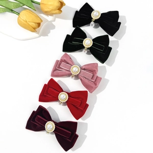 French vintage velvet bow hair clip set with elegant pearl pendant in five colors