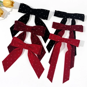 French Elegant Velvet Bow Hair Clip Rhinestone Long Ribbon Retro Duckbill Clip For Women Audrey Style Hair Accessory