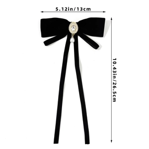 Elegant black velvet long bow brooch with large crystal center and drop pearl pendant