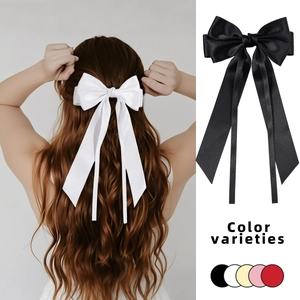 Elegant large satin ribbon bow hair clip with long streamers in five color options