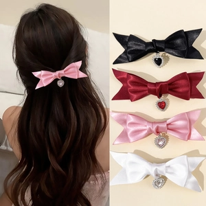 Satin Schleife Haarclip Herzanhänger Strass Akzent Süß Ballettprinzessin Haarnadel Damen Haarschmuck
