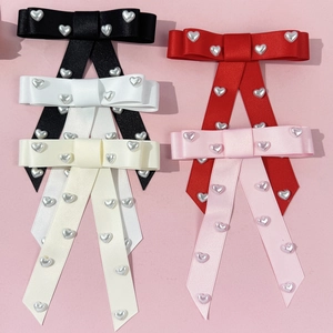 Sweet Satin Ribbon Bow Hair Clip With Heart Shaped Artificial Pearls French Vintage Long Streamer Duckbill Clip For Women Daily Party