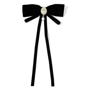Elegant black velvet bow brooch with crystal center and dangling white pearl drop charm
