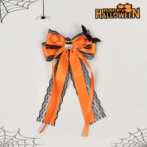 Pince à cheveux Halloween avec nœud en dentelle noire et ruban satin orange motif chauve-souris