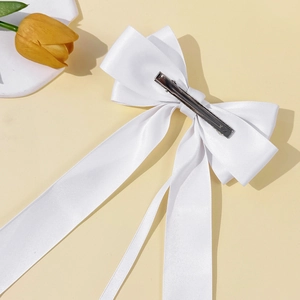 Elegant white satin ribbon bow hair clip with long streamers for women hair styling