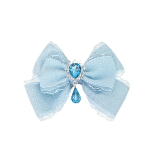 Blue bow hair clip with lace details and a teardrop gemstone pendant for girls