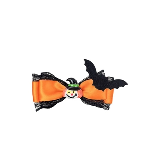 Barrette d'Halloween avec nœud en dentelle noire citrouille chauve-souris et ruban