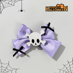 Gothic purple ribbon bow hair clip with white glitter skull for Halloween costumes
