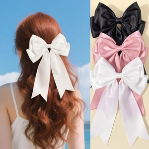 Large Satin Bow Hair Clip For Women Elegant Ribbon Spring Clip Long Streamer Hairpin French Style Headwear Accessories