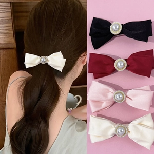 French Vintage Satin Bow Hair Clip With Faux Artificial Pearl Sweet Ribbon Duckbill Hairpin For Women Daily Party Hair Accessories
