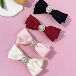 Elegant satin bow hair clips with pearls in black, red, pink and cream colors