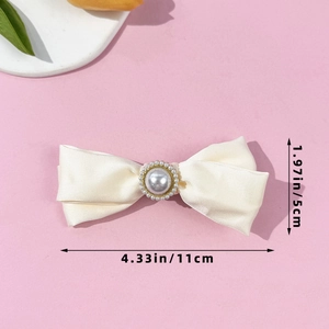 Elegant cream satin bow hair clip with pearl center, dimensions 11cm by 5cm for women