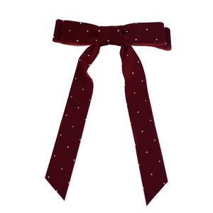 Elegant burgundy velvet bow hair clip with sparkling rhinestones and long streamers