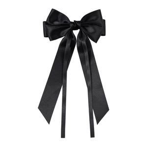 Elegant black satin ribbon bow hair clip with long streamers for women in vintage style