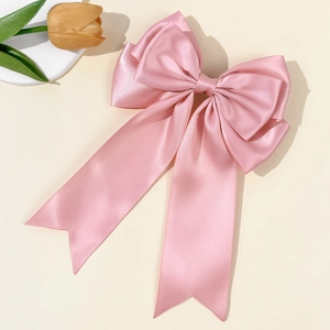 Elegant large pink satin bow hair clip with long ribbons for women hair accessories