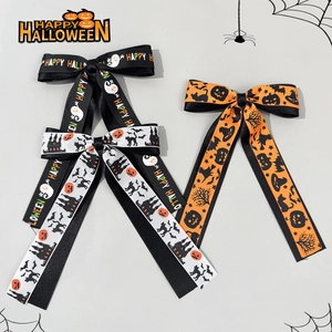 Halloween Hair Bow Clips For Women Long Streamers Pumpkin Ghost Cat Print Ribbon Bow Alligator Clips Gothic Party Hair Accessories