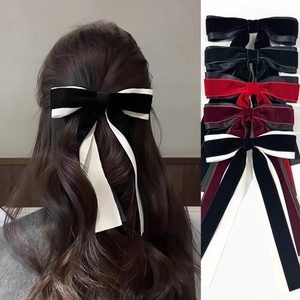 Barrette Nœud en Velours Polyester Coton Vintage Français Élégant Ruban Long Double Couche Accessoires de Cheveux pour Femmes