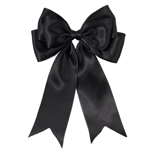 Elegant large black satin bow hair clip with multi-layered design and long ribbon tails