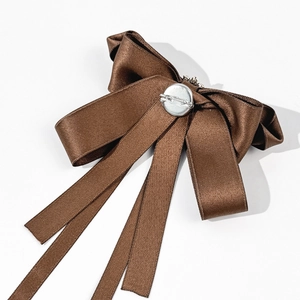 Dark brown satin bow brooch with vintage British style ribbon and silver pin back