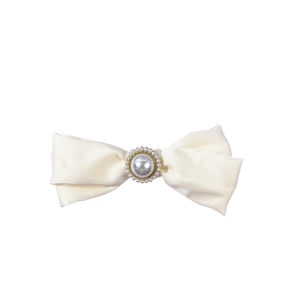 Elegant cream satin bow hair clip with large pearl center and bead accents