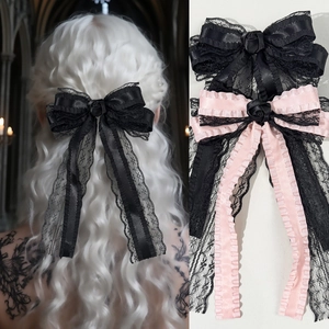 Fiocchi per capelli in pizzo gotico con rose e nastri neri e rosa in stile Lolita chic