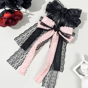 Fermaglio per Capelli Fiocco in Pizzo Gothic Lolita Con Nastro Lungo Dark Punk Rosa Nero Rosa Forcina per Donna Accessori Capelli