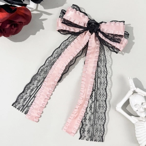 Fermaglio per capelli con fiocco di raso rosa e pizzo nero in stile Lolita