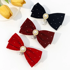 Barrettes à nœuds en velours avec perles et strass en noir, bordeaux et rouge