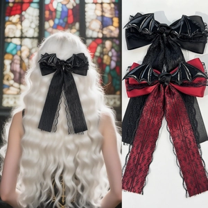 Pince à Cheveux Nœud Ailes de Chauve-souris Gothique Avec Rose Noire Dentelle Long Ruban Sweet Cool Punk Lolita Accessoires de Cheveux