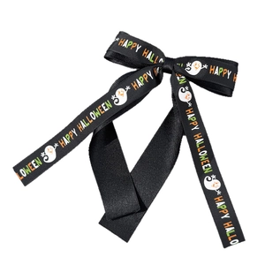 Halloween black ribbon hair clip with Happy Halloween print and cartoon ghost pattern