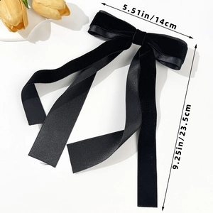 Barrette élégante nœud papillon double en velours noir vintage avec rubans pendants