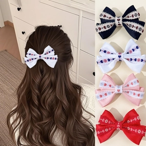 Set de barrettes à nœud en ruban avec dentelle et broderie florale en quatre couleurs