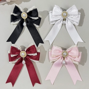 Sweet Satin Lace Bowknot Hair Clip With Faux Artificial Pearl Pendant Lolita Style Vintage Hair Accessory For Women Girls Hairpin