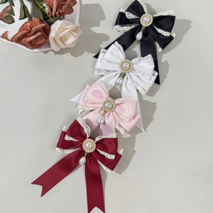Lace bow hair clips set with pearl pendants in black white pink and wine red colors