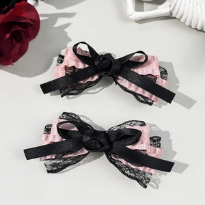 Barrettes à cheveux Lolita avec rubans roses, dentelle noire et fleurs