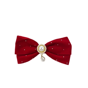 Barrette nœud en velours rouge avec strass et pompon perle de style vintage doux
