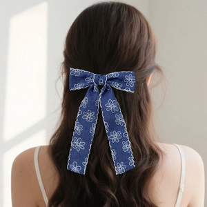 Pince à Cheveux Nœud en Denim Floral Pour Femmes Avec Long Ruban Bleu Marine Blanc Bord Festonné Bijoux de Cheveux Coréens