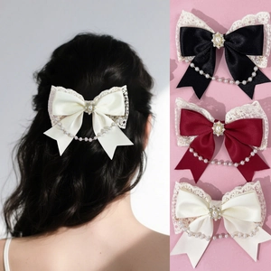 Vintage Lolita lace bow hair clips with pearls and rhinestones in three colors