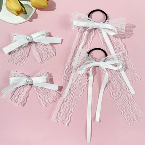 Barrette à Nœud en Dentelle Douce Avec Imitation Künstliche Perle Blanc Élégant Style Fée Élastique Scrunchie Pour Femmes Filles Accessoire