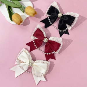 Vintage Palace Lace Bow Hair Clip With Faux Artificial Pearl Chain Satin Rhinestone Hair Accessory For Women Lolita Sweet Headpiece