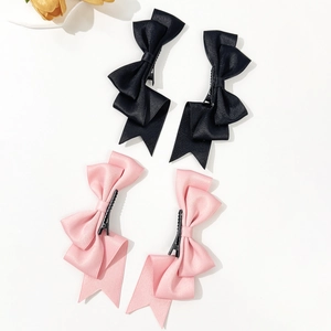 Set di fermagli per capelli con fiocco in raso nero e rosa per stile JK e Lolita
